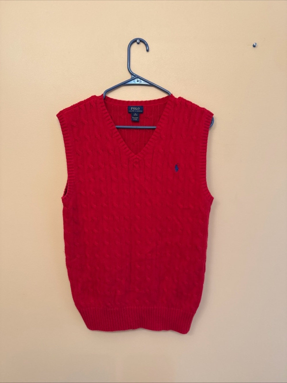 Polo by Ralph Lauren Red Cable-Knit V-Neck Sweater Vest with Navy Polo Pony
